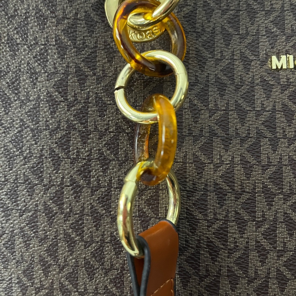 Michael Kors Dark Brown Logo Tote with Gold Chain Accents 13” x 10” X 5” - Picture 12 of 16